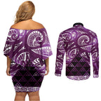 Matariki New Zealand Couples Matching Off Shoulder Short Dress and Long Sleeve Button Shirt NZ Niho Taniwha Maori New Year Purple Galaxy