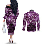 Matariki New Zealand Couples Matching Off The Shoulder Long Sleeve Dress and Long Sleeve Button Shirt NZ Niho Taniwha Maori New Year Purple Galaxy