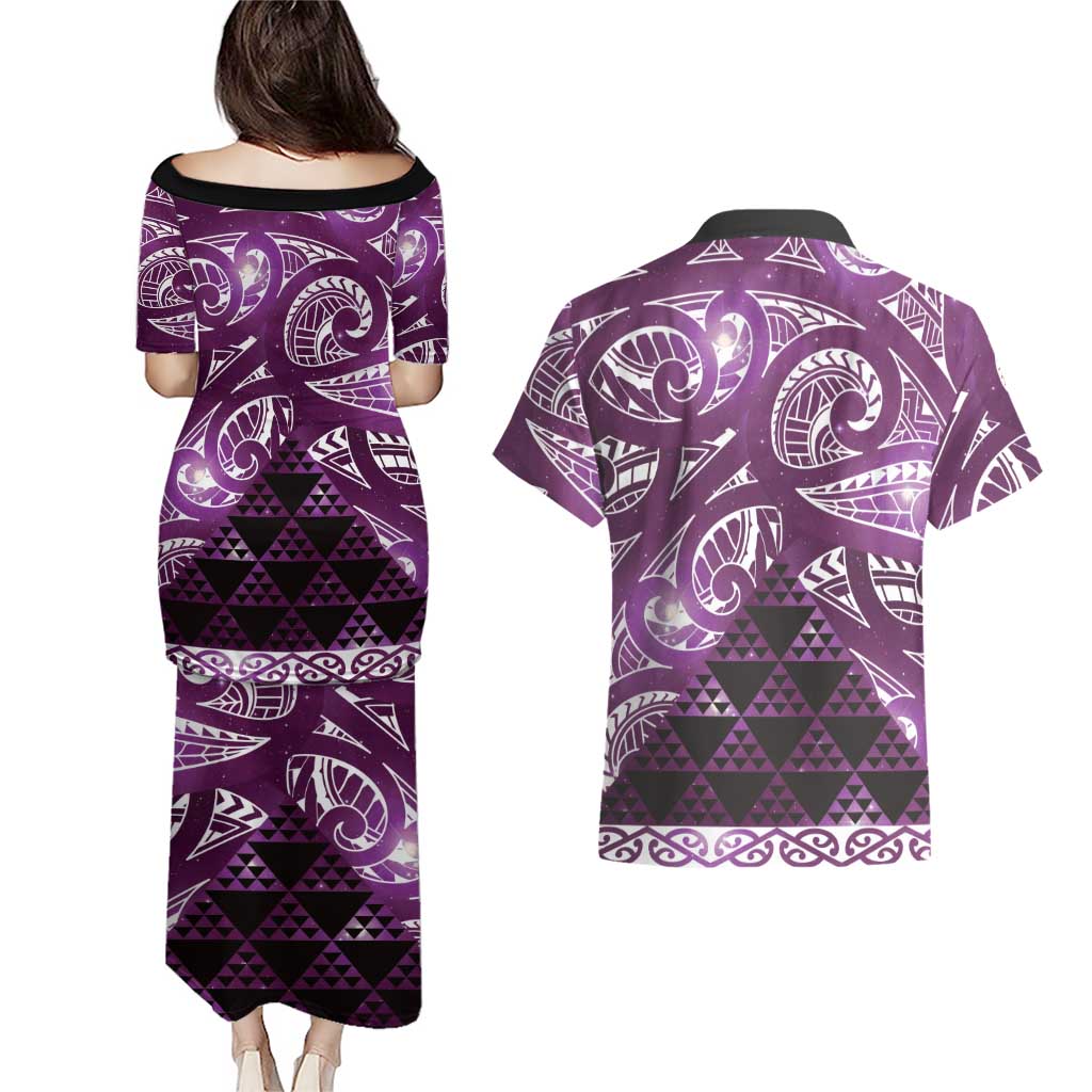 Matariki New Zealand Couples Matching Puletasi and Hawaiian Shirt NZ Niho Taniwha Maori New Year Purple Galaxy
