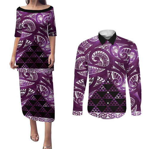 Matariki New Zealand Couples Matching Puletasi and Long Sleeve Button Shirt NZ Niho Taniwha Maori New Year Purple Galaxy