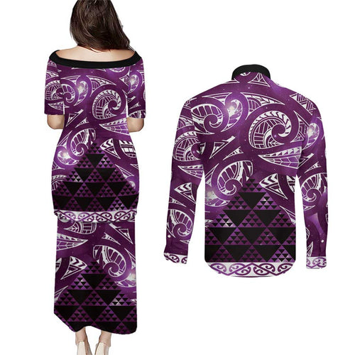 Matariki New Zealand Couples Matching Puletasi and Long Sleeve Button Shirt NZ Niho Taniwha Maori New Year Purple Galaxy