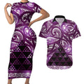 Matariki New Zealand Couples Matching Short Sleeve Bodycon Dress and Hawaiian Shirt NZ Niho Taniwha Maori New Year Purple Galaxy