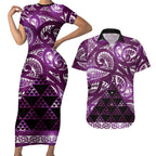 Matariki New Zealand Couples Matching Short Sleeve Bodycon Dress and Hawaiian Shirt NZ Niho Taniwha Maori New Year Purple Galaxy
