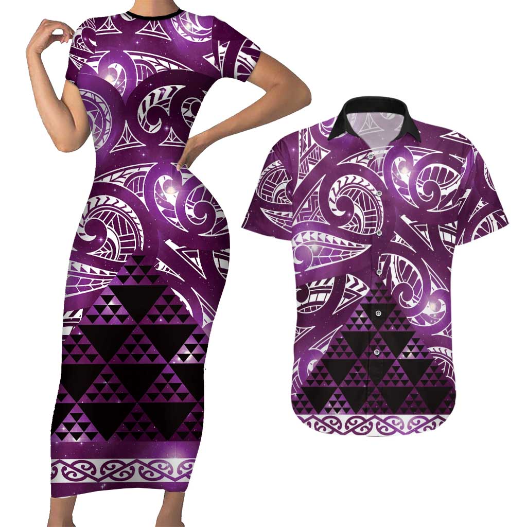 Matariki New Zealand Couples Matching Short Sleeve Bodycon Dress and Hawaiian Shirt NZ Niho Taniwha Maori New Year Purple Galaxy