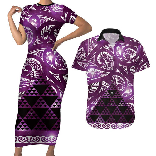 Matariki New Zealand Couples Matching Short Sleeve Bodycon Dress and Hawaiian Shirt NZ Niho Taniwha Maori New Year Purple Galaxy