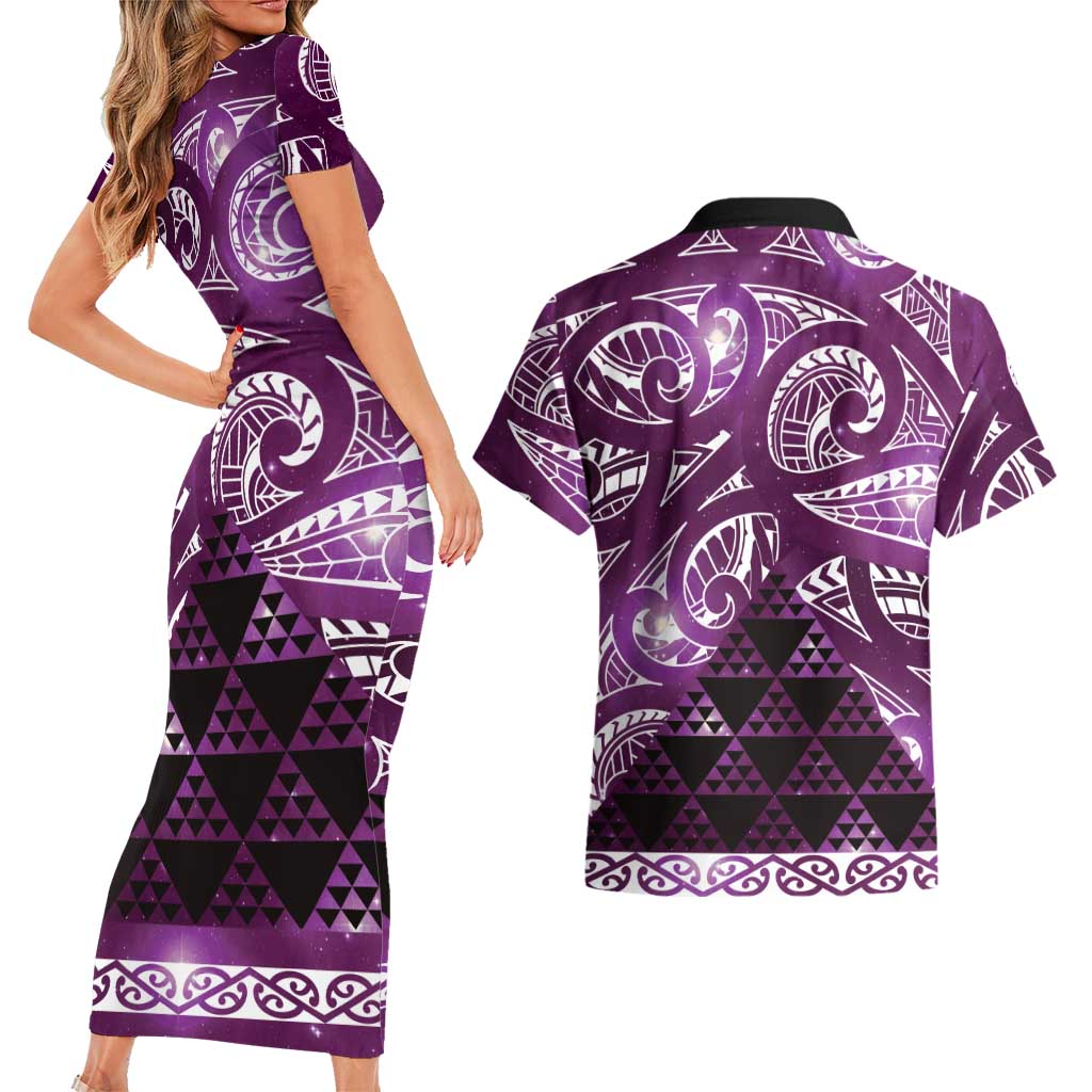 Matariki New Zealand Couples Matching Short Sleeve Bodycon Dress and Hawaiian Shirt NZ Niho Taniwha Maori New Year Purple Galaxy
