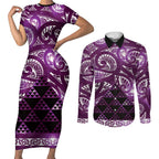 Matariki New Zealand Couples Matching Short Sleeve Bodycon Dress and Long Sleeve Button Shirt NZ Niho Taniwha Maori New Year Purple Galaxy