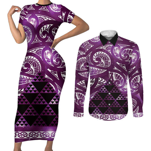 Matariki New Zealand Couples Matching Short Sleeve Bodycon Dress and Long Sleeve Button Shirt NZ Niho Taniwha Maori New Year Purple Galaxy