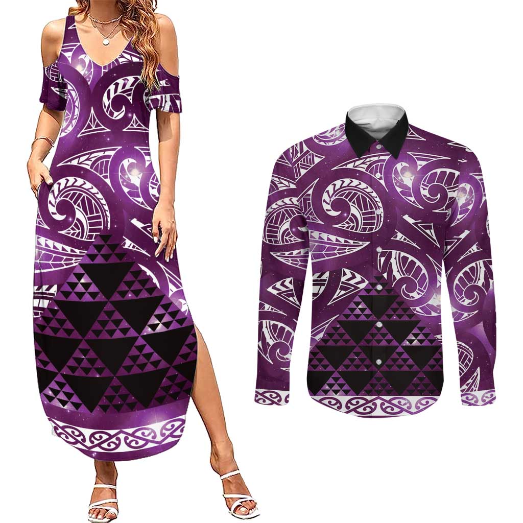 Matariki New Zealand Couples Matching Summer Maxi Dress and Long Sleeve Button Shirt NZ Niho Taniwha Maori New Year Purple Galaxy