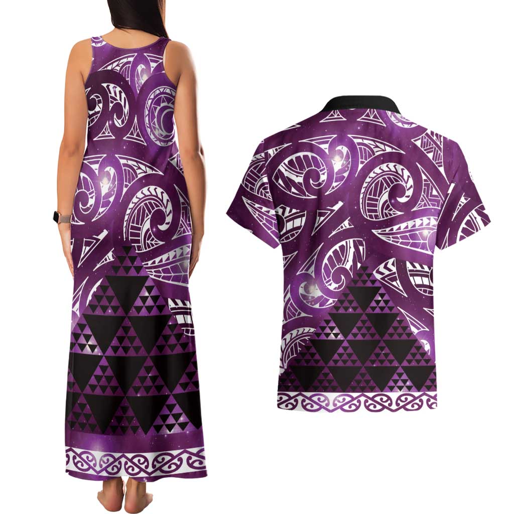 Matariki New Zealand Couples Matching Tank Maxi Dress and Hawaiian Shirt NZ Niho Taniwha Maori New Year Purple Galaxy