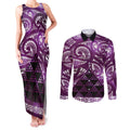 Matariki New Zealand Couples Matching Tank Maxi Dress and Long Sleeve Button Shirt NZ Niho Taniwha Maori New Year Purple Galaxy