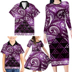 Matariki New Zealand Family Matching Long Sleeve Bodycon Dress and Hawaiian Shirt NZ Niho Taniwha Maori New Year Purple Galaxy