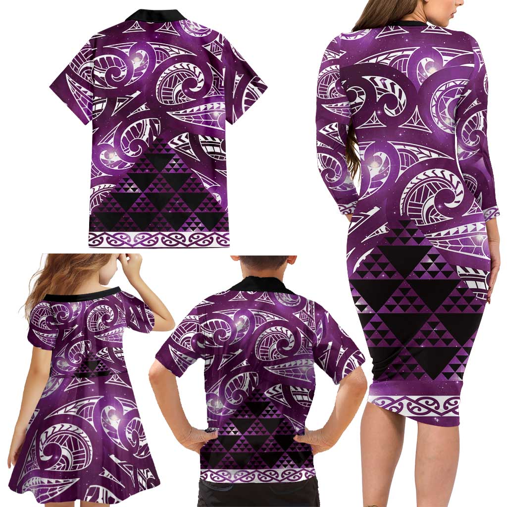 Matariki New Zealand Family Matching Long Sleeve Bodycon Dress and Hawaiian Shirt NZ Niho Taniwha Maori New Year Purple Galaxy