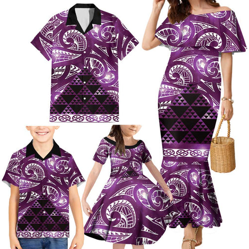Matariki New Zealand Family Matching Mermaid Dress and Hawaiian Shirt NZ Niho Taniwha Maori New Year Purple Galaxy