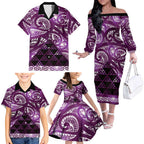 Matariki New Zealand Family Matching Off The Shoulder Long Sleeve Dress and Hawaiian Shirt NZ Niho Taniwha Maori New Year Purple Galaxy