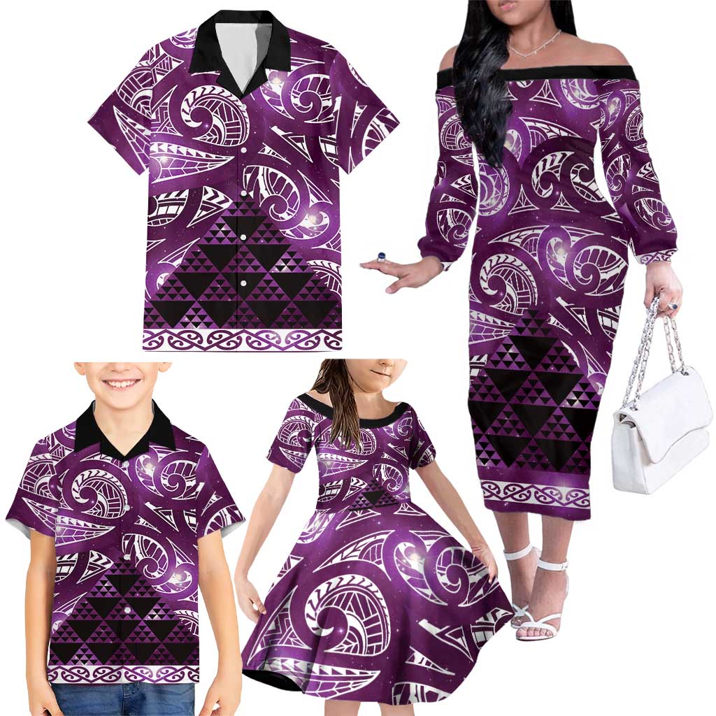 Matariki New Zealand Family Matching Off The Shoulder Long Sleeve Dress and Hawaiian Shirt NZ Niho Taniwha Maori New Year Purple Galaxy