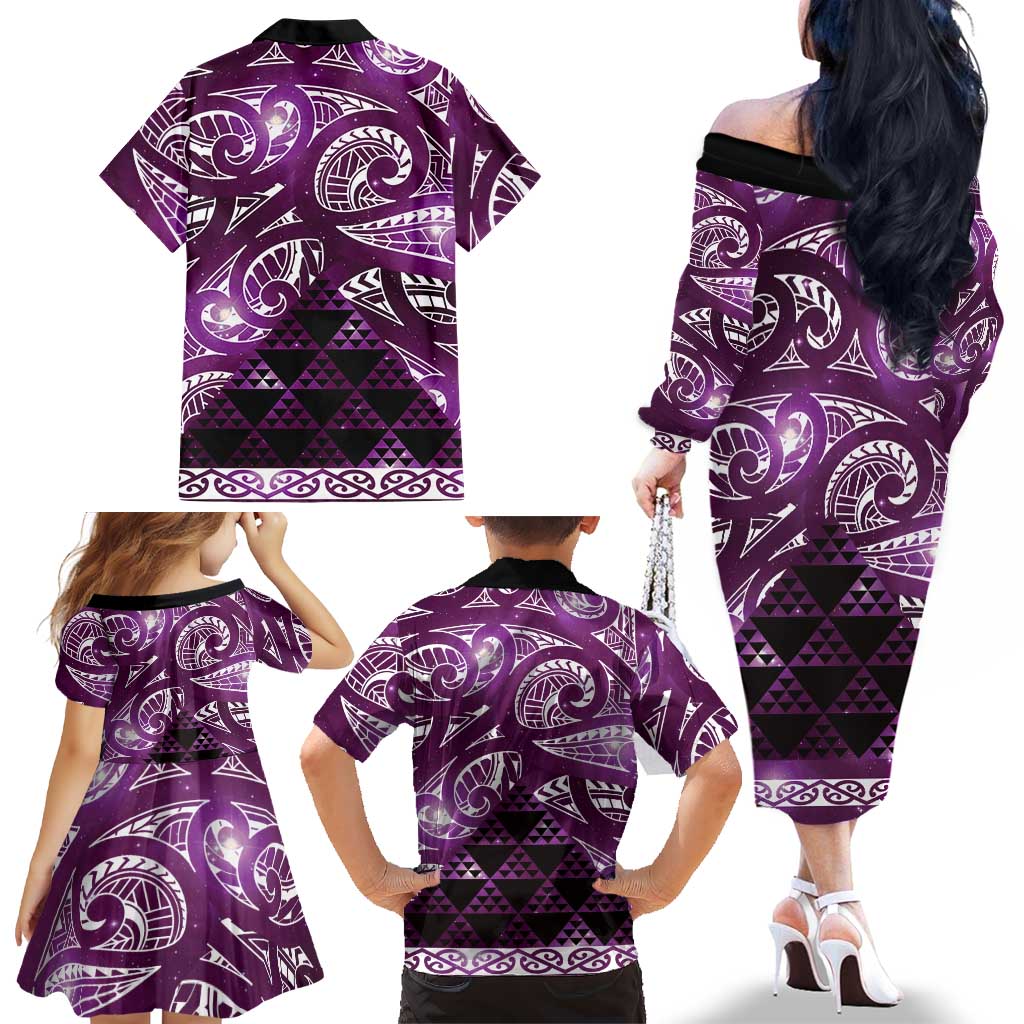 Matariki New Zealand Family Matching Off The Shoulder Long Sleeve Dress and Hawaiian Shirt NZ Niho Taniwha Maori New Year Purple Galaxy