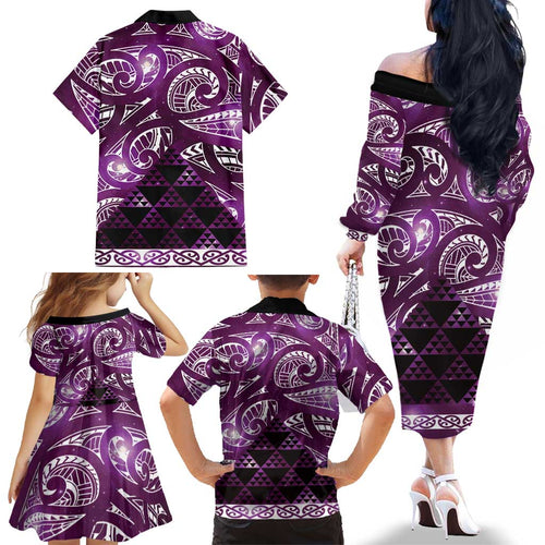 Matariki New Zealand Family Matching Off The Shoulder Long Sleeve Dress and Hawaiian Shirt NZ Niho Taniwha Maori New Year Purple Galaxy
