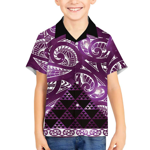 Matariki New Zealand Family Matching Off The Shoulder Long Sleeve Dress and Hawaiian Shirt NZ Niho Taniwha Maori New Year Purple Galaxy