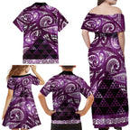 Matariki New Zealand Family Matching Off Shoulder Maxi Dress and Hawaiian Shirt NZ Niho Taniwha Maori New Year Purple Galaxy
