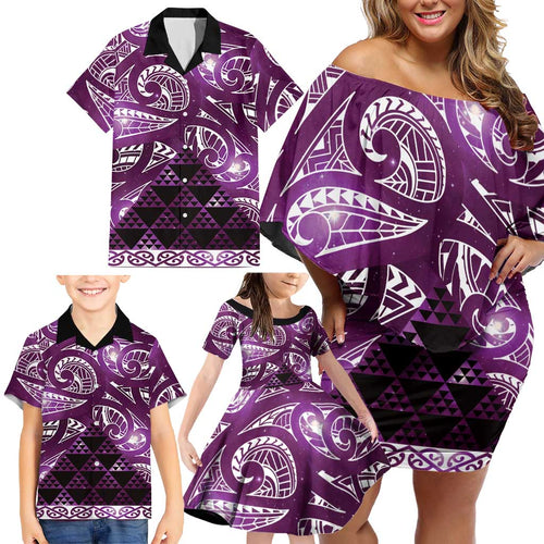Matariki New Zealand Family Matching Off Shoulder Short Dress and Hawaiian Shirt NZ Niho Taniwha Maori New Year Purple Galaxy
