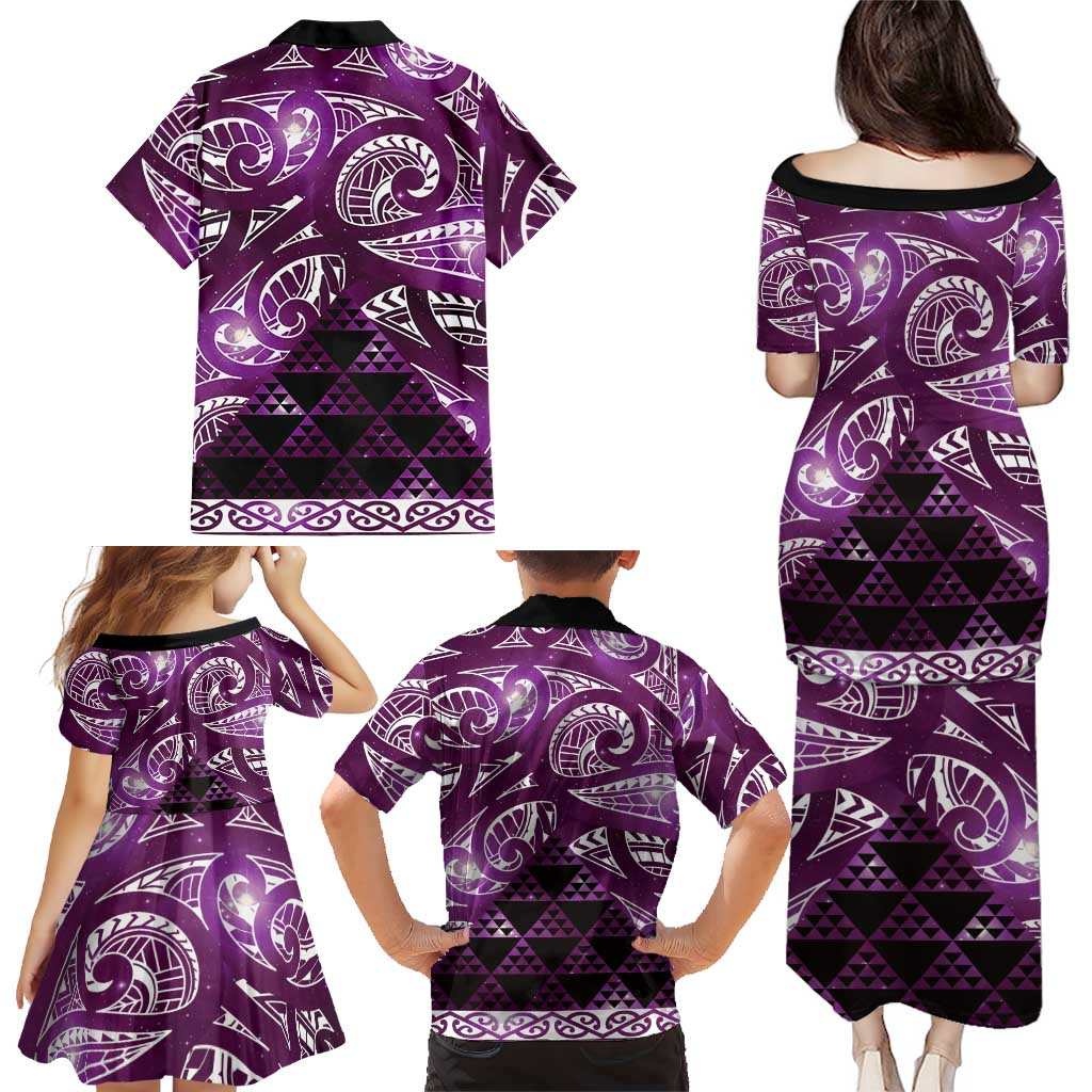 Matariki New Zealand Family Matching Puletasi and Hawaiian Shirt NZ Niho Taniwha Maori New Year Purple Galaxy
