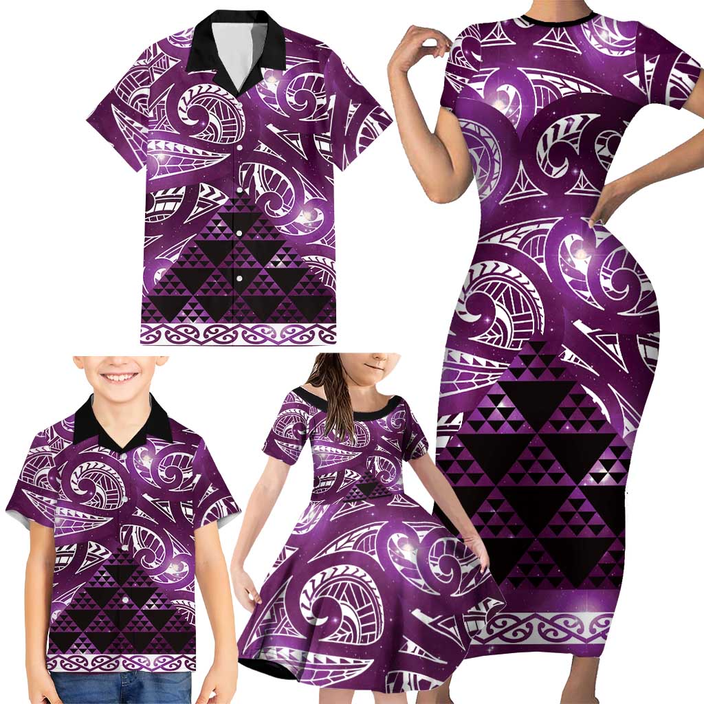 Matariki New Zealand Family Matching Short Sleeve Bodycon Dress and Hawaiian Shirt NZ Niho Taniwha Maori New Year Purple Galaxy