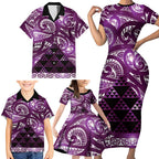 Matariki New Zealand Family Matching Short Sleeve Bodycon Dress and Hawaiian Shirt NZ Niho Taniwha Maori New Year Purple Galaxy