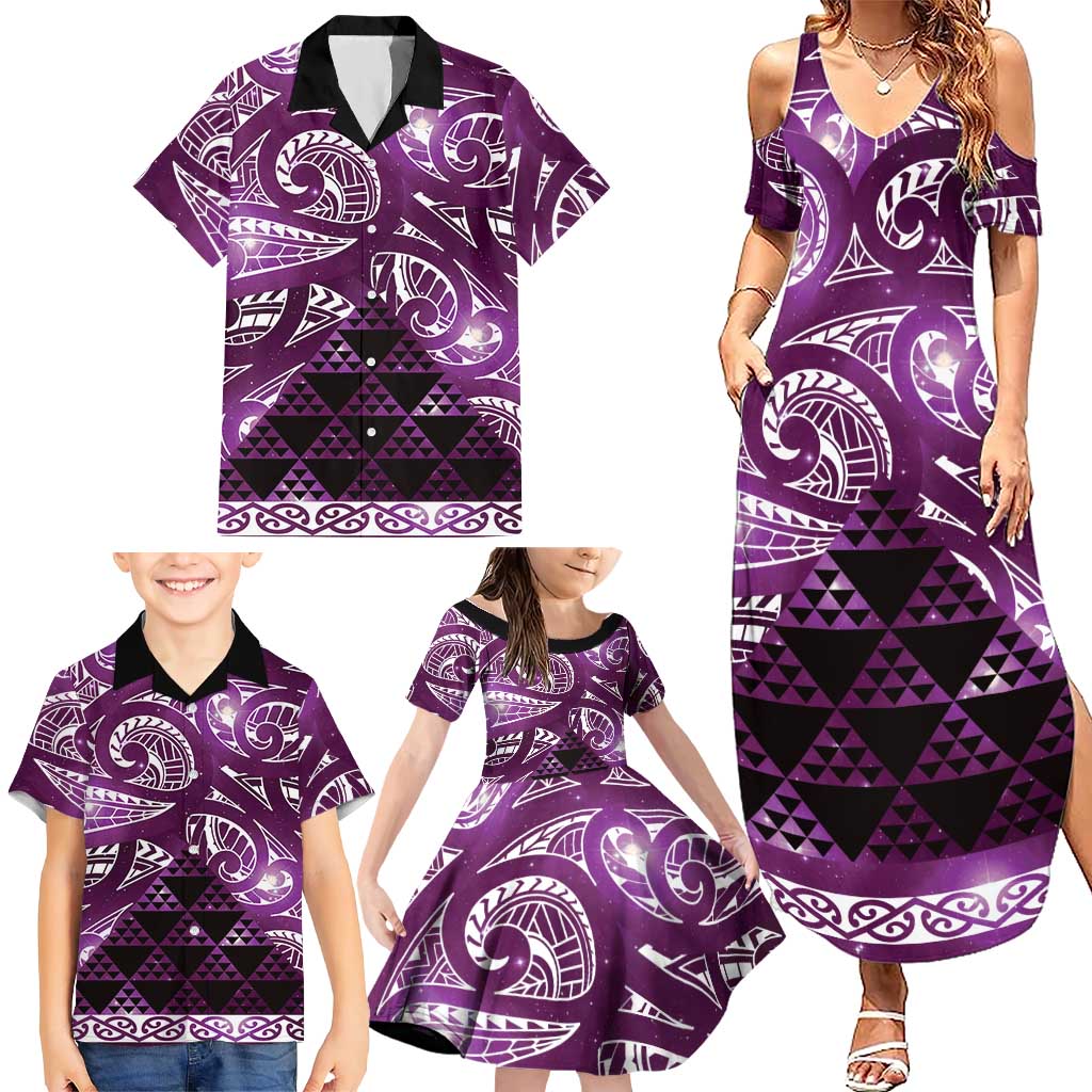 Matariki New Zealand Family Matching Summer Maxi Dress and Hawaiian Shirt NZ Niho Taniwha Maori New Year Purple Galaxy