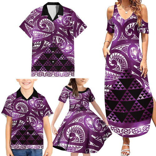 Matariki New Zealand Family Matching Summer Maxi Dress and Hawaiian Shirt NZ Niho Taniwha Maori New Year Purple Galaxy