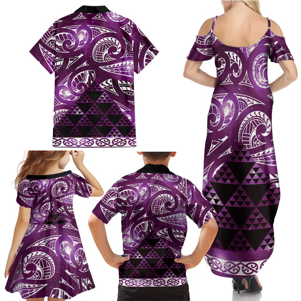 Matariki New Zealand Family Matching Summer Maxi Dress and Hawaiian Shirt NZ Niho Taniwha Maori New Year Purple Galaxy