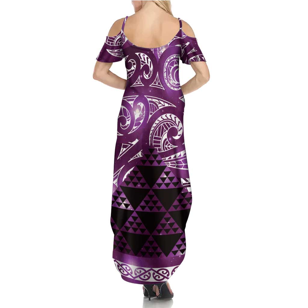 Matariki New Zealand Family Matching Summer Maxi Dress and Hawaiian Shirt NZ Niho Taniwha Maori New Year Purple Galaxy