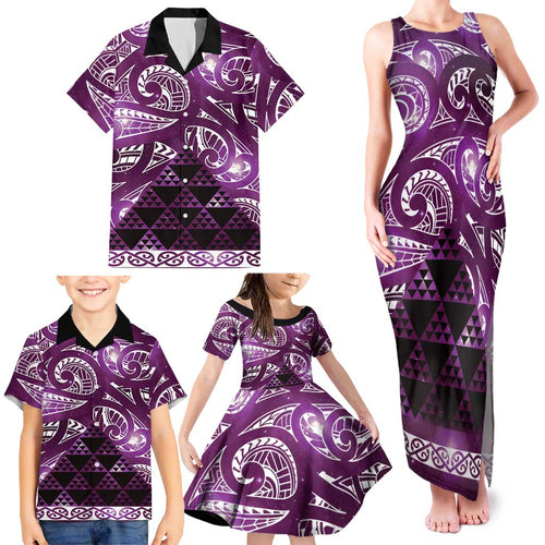 Matariki New Zealand Family Matching Tank Maxi Dress and Hawaiian Shirt NZ Niho Taniwha Maori New Year Purple Galaxy