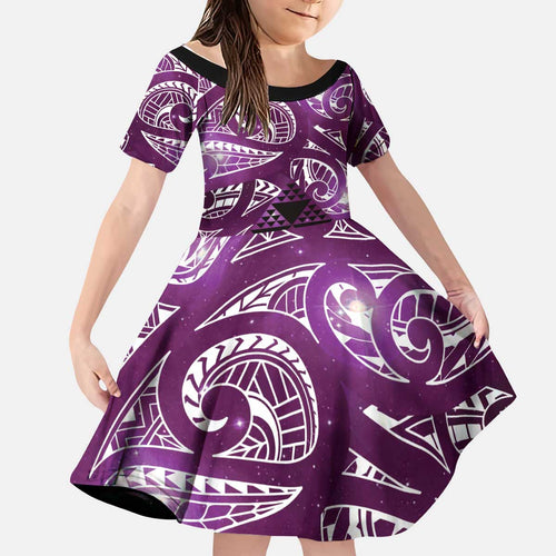 Matariki New Zealand Kid Short Sleeve Dress NZ Niho Taniwha Maori New Year Purple Galaxy