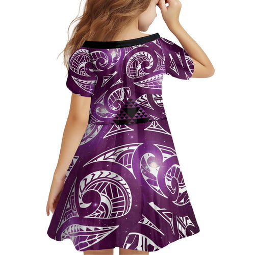 Matariki New Zealand Kid Short Sleeve Dress NZ Niho Taniwha Maori New Year Purple Galaxy