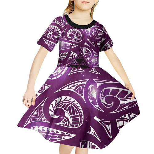 Matariki New Zealand Kid Short Sleeve Dress NZ Niho Taniwha Maori New Year Purple Galaxy