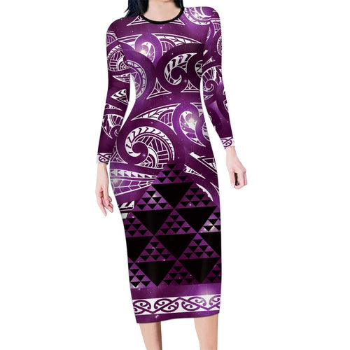 Matariki New Zealand Long Sleeve Bodycon Dress NZ Niho Taniwha Maori New Year Purple Galaxy