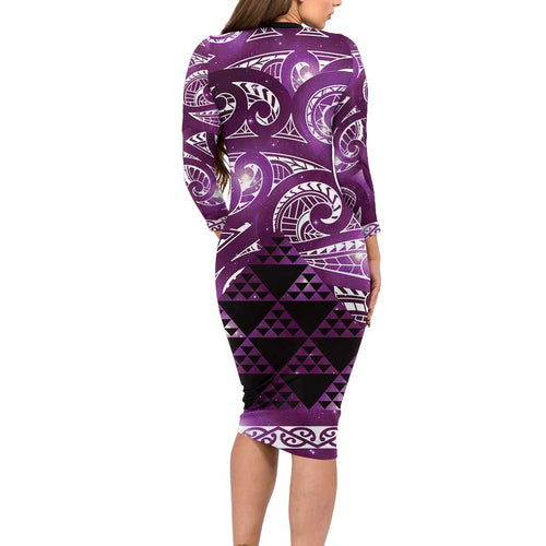 Matariki New Zealand Long Sleeve Bodycon Dress NZ Niho Taniwha Maori New Year Purple Galaxy