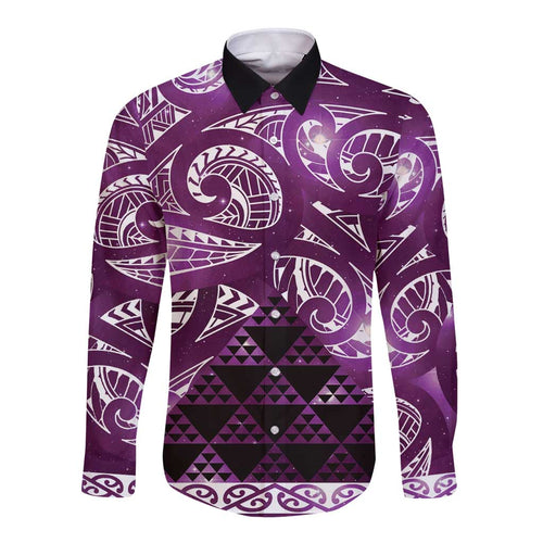 Matariki New Zealand Long Sleeve Button Shirt NZ Niho Taniwha Maori New Year Purple Galaxy