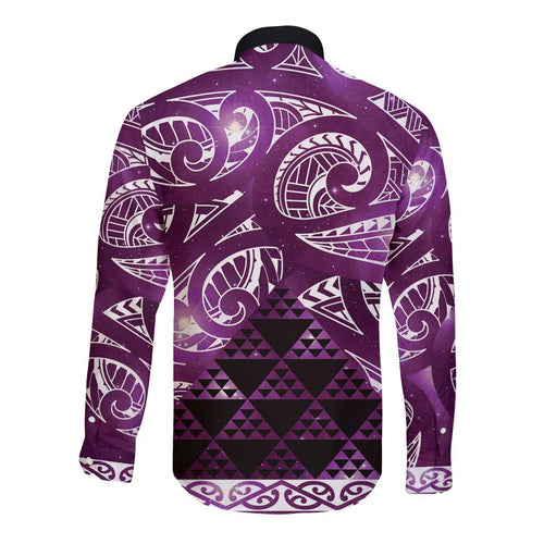 Matariki New Zealand Long Sleeve Button Shirt NZ Niho Taniwha Maori New Year Purple Galaxy