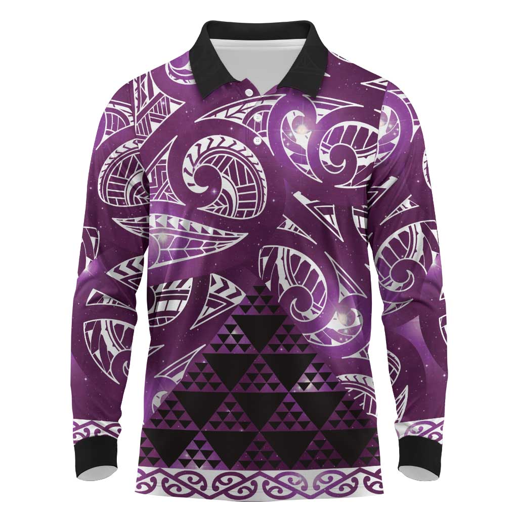 Matariki New Zealand Long Sleeve Polo Shirt NZ Niho Taniwha Maori New Year Purple Galaxy
