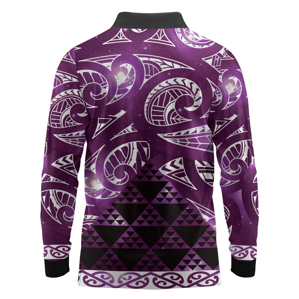Matariki New Zealand Long Sleeve Polo Shirt NZ Niho Taniwha Maori New Year Purple Galaxy
