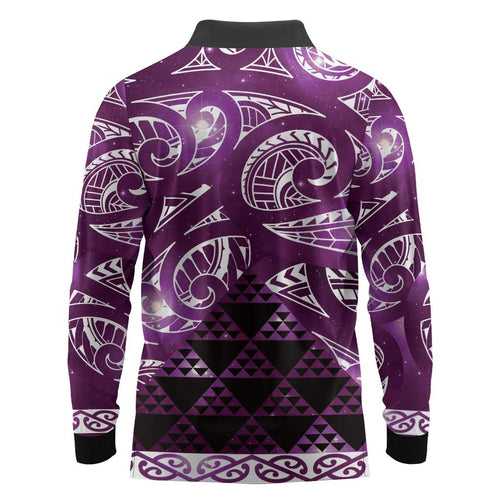Matariki New Zealand Long Sleeve Polo Shirt NZ Niho Taniwha Maori New Year Purple Galaxy