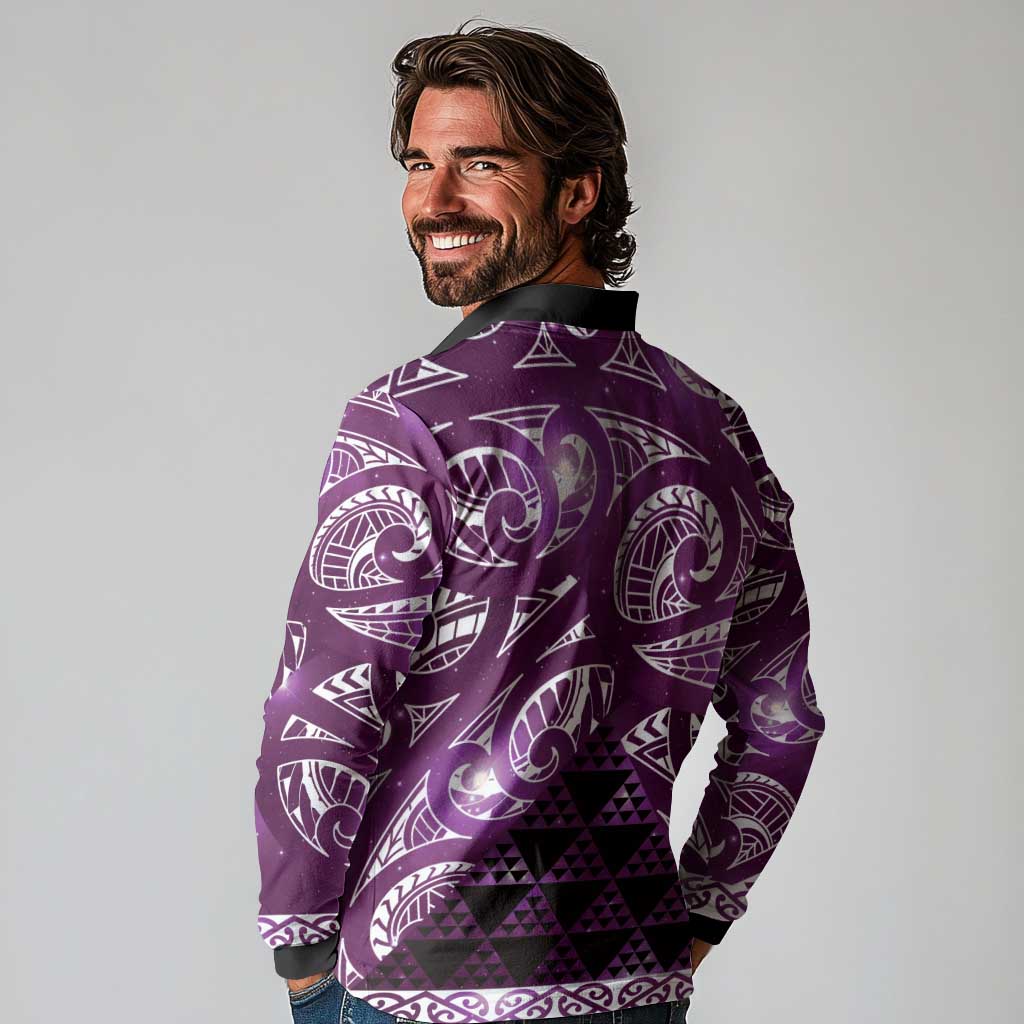 Matariki New Zealand Long Sleeve Polo Shirt NZ Niho Taniwha Maori New Year Purple Galaxy