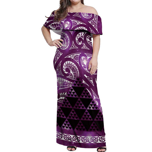 Matariki New Zealand Off Shoulder Maxi Dress NZ Niho Taniwha Maori New Year Purple Galaxy