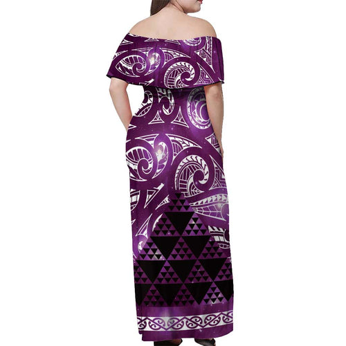 Matariki New Zealand Off Shoulder Maxi Dress NZ Niho Taniwha Maori New Year Purple Galaxy