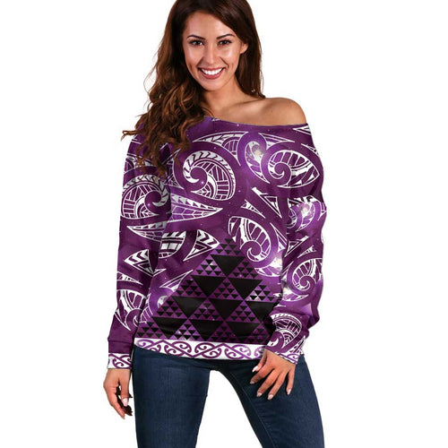 Matariki New Zealand Off Shoulder Sweater NZ Niho Taniwha Maori New Year Purple Galaxy