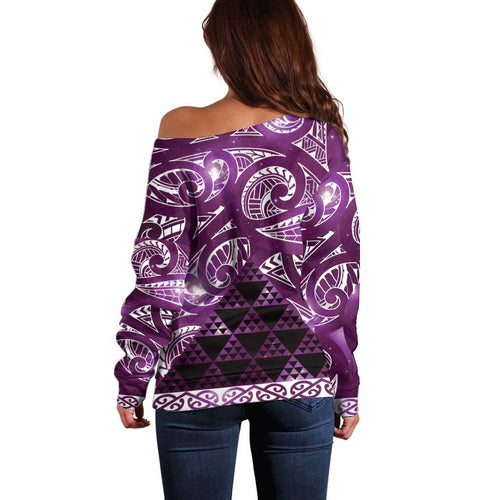 Matariki New Zealand Off Shoulder Sweater NZ Niho Taniwha Maori New Year Purple Galaxy
