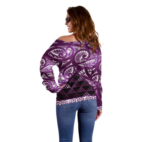 Matariki New Zealand Off Shoulder Sweater NZ Niho Taniwha Maori New Year Purple Galaxy