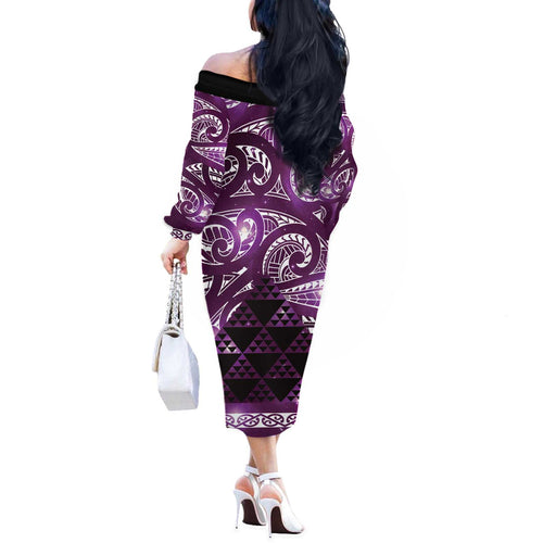 Matariki New Zealand Off The Shoulder Long Sleeve Dress NZ Niho Taniwha Maori New Year Purple Galaxy